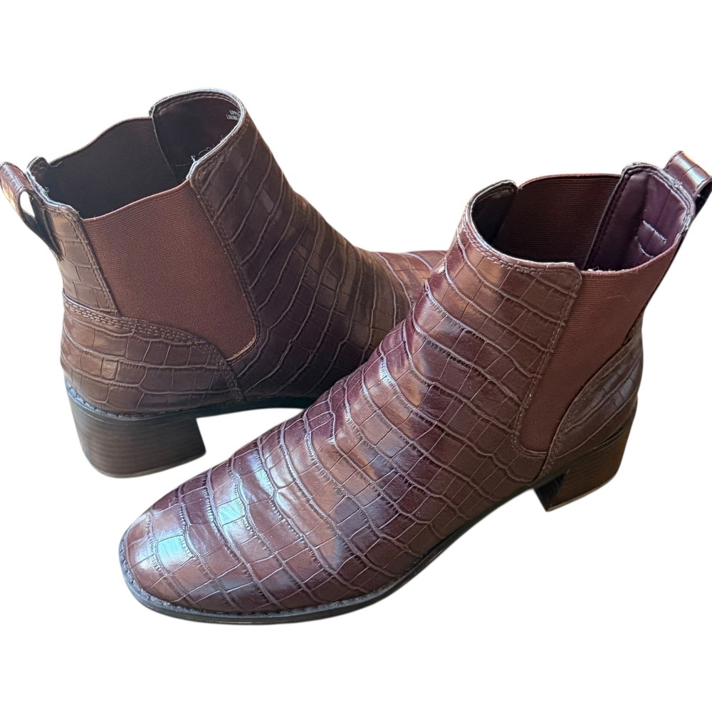 J. Crew Boots Women 9 Brown Croc Embossed Chelsea Ankle‎ Block Heel